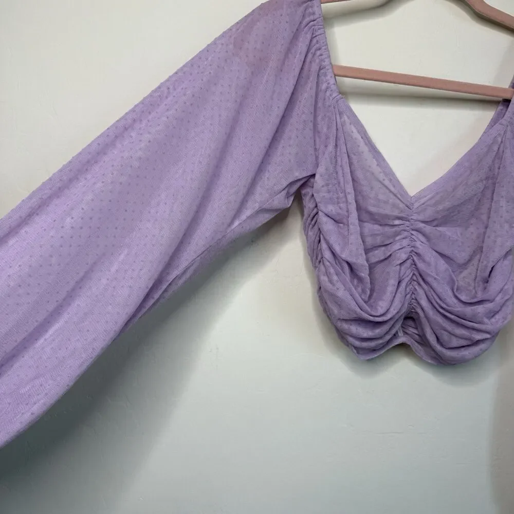 ASOS Size 4 Purple Ruched Sheer Swiss Dot Long Sleeve Crop Top